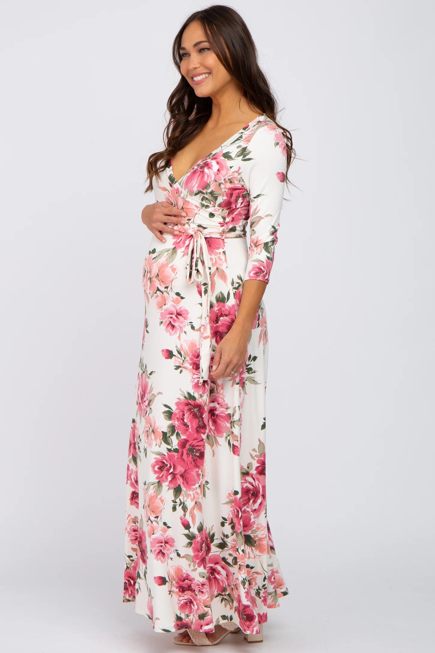 slim fit dress slacks Angel Maternity Daphne Reversible Maternity Baby Shower Dress in Lilac Floral main image 0